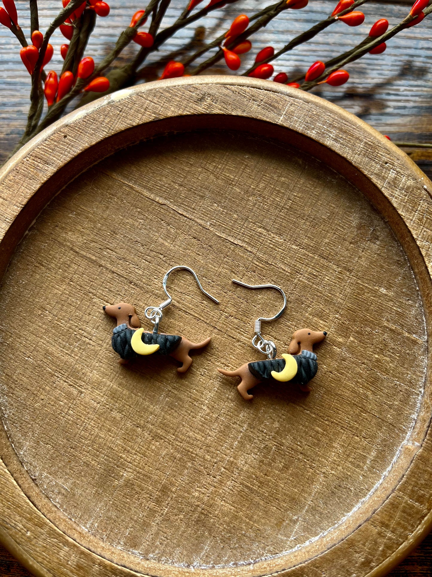 Halloween/Fall Weenie Dog Polymer Clay Dangle Earrings