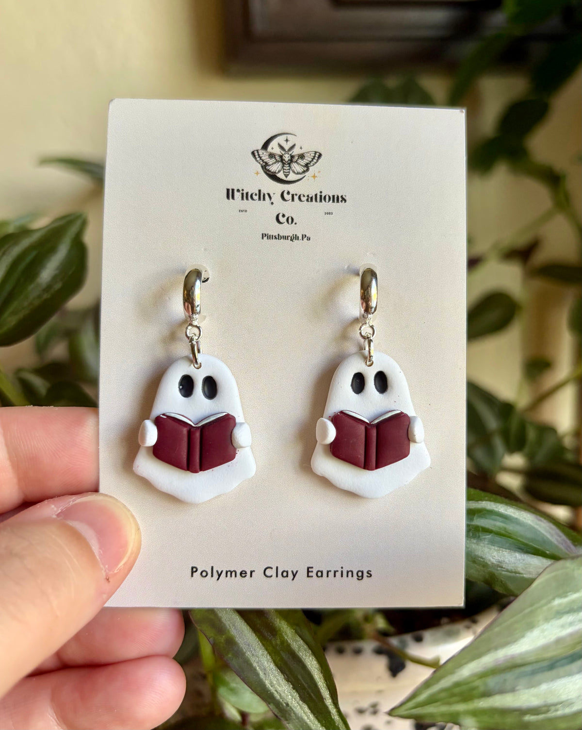 Ghost Reading A Book Dangle Polymer Clay Earrings