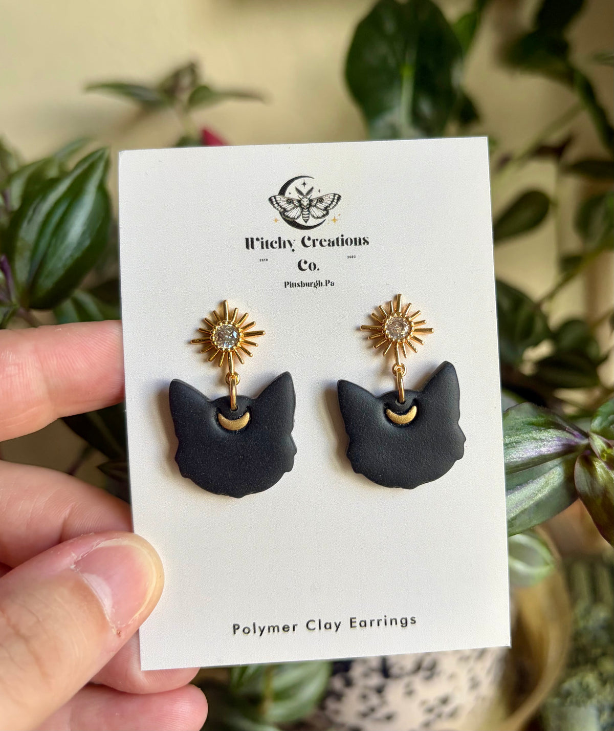 Black Cat Moon Dangle Polymer Clay Earrings