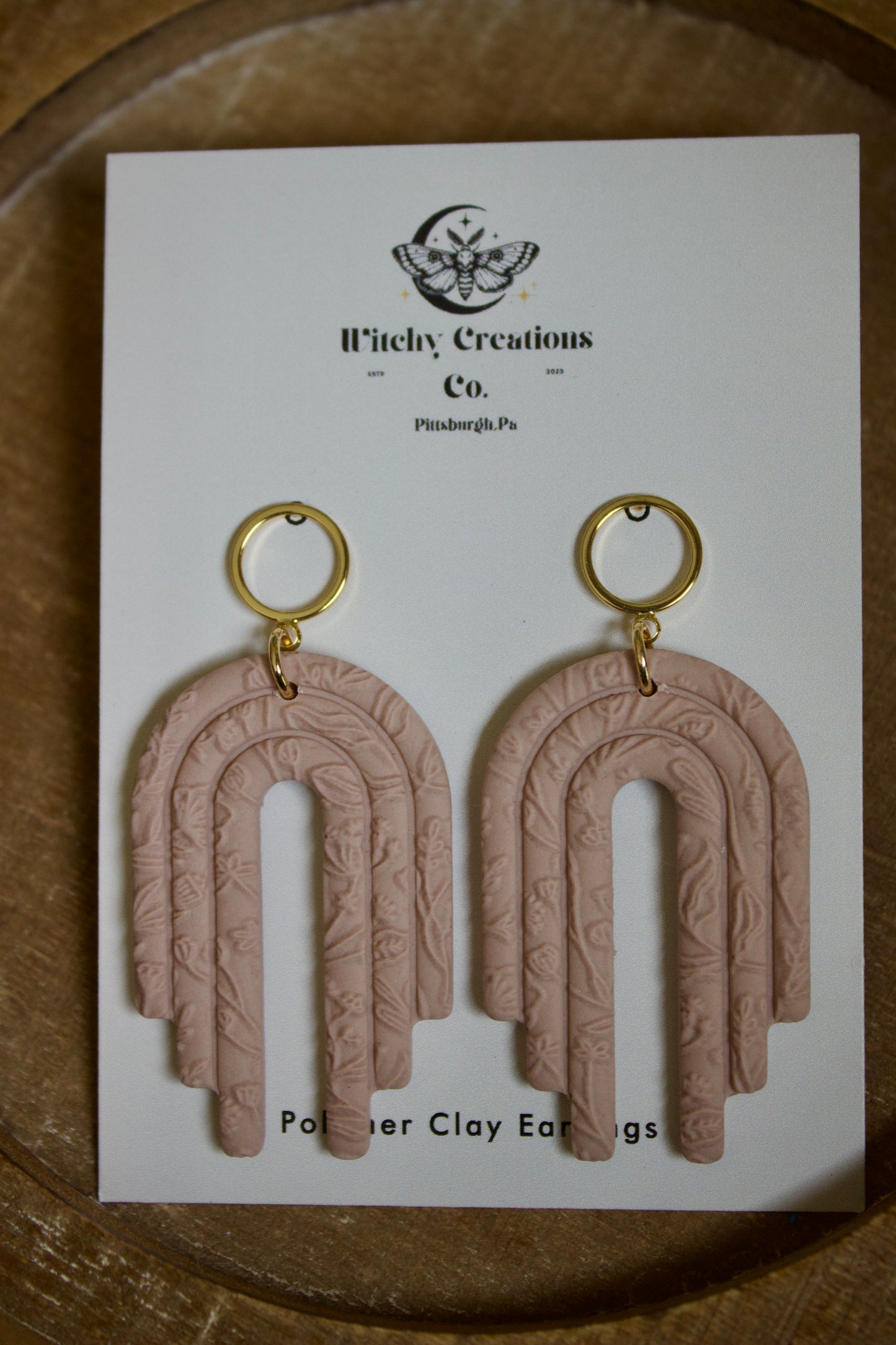 Floral Arch w/ Gold Circle Polymer Clay Dangle Earrings
