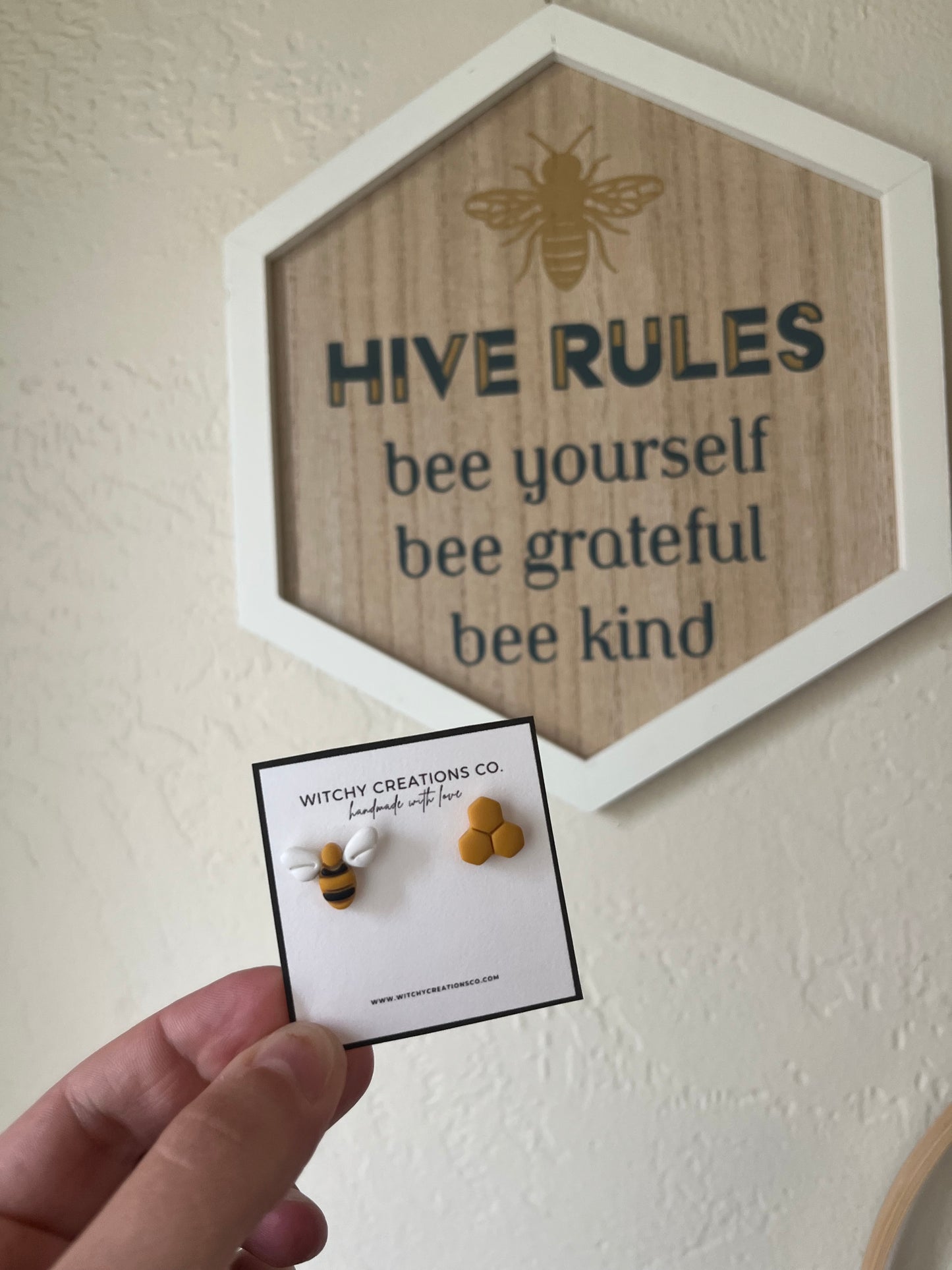 Bumblebee & Honey Comb Stud Polymer Clay Earrings