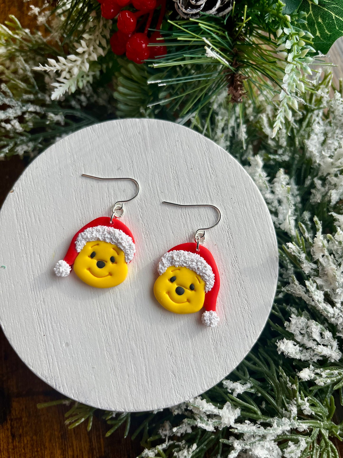 Santa Pooh Bear Polymer Clay Earrings