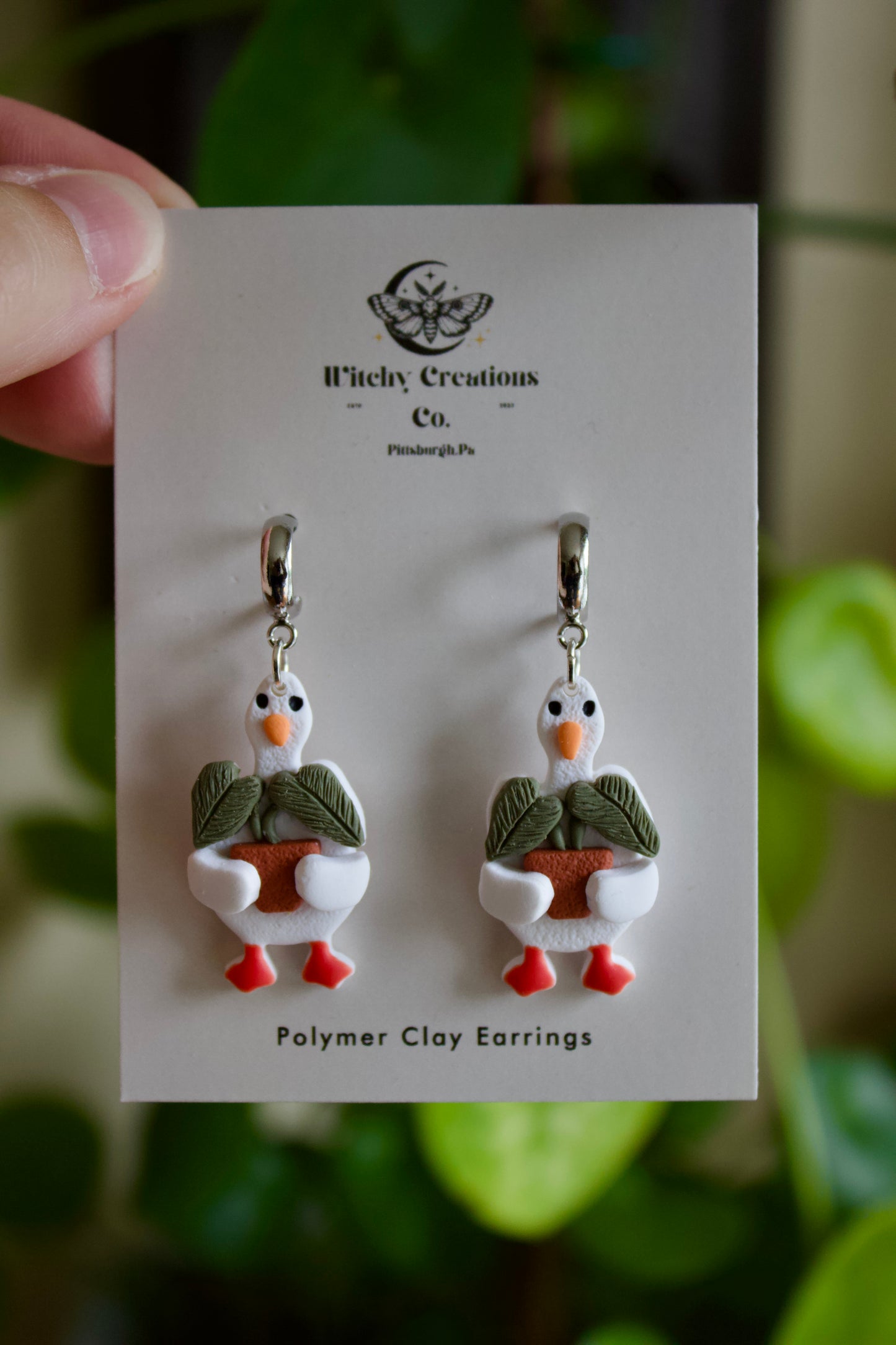 Goose Holding Plant Polymer Clay Dangle Earrings