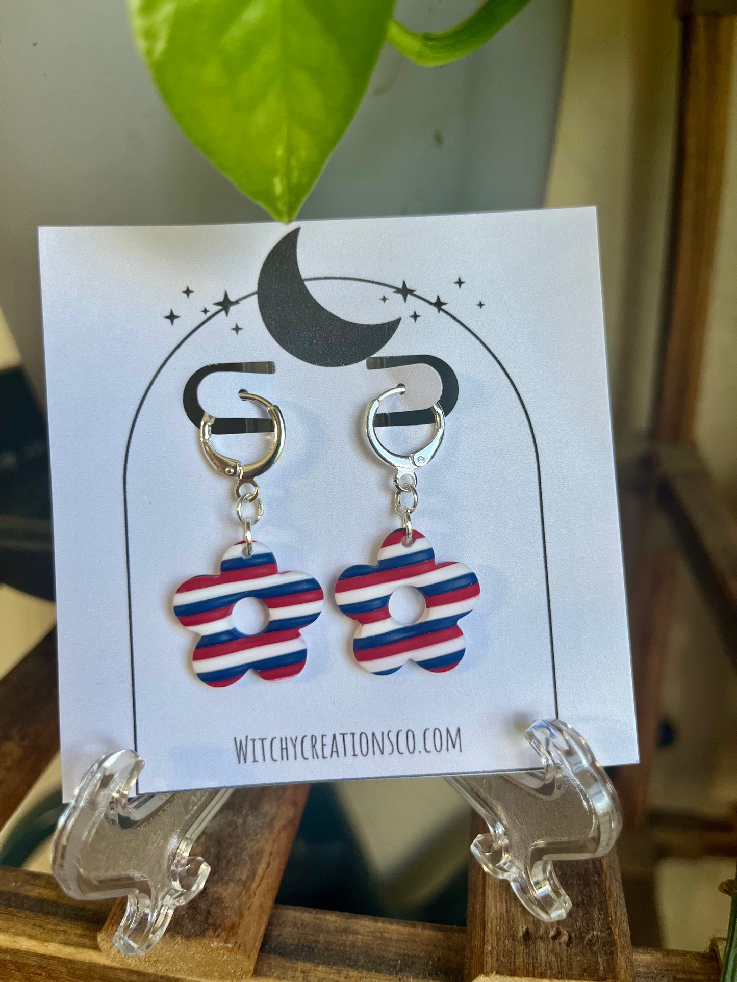 Red, White, & Blue Stripe Flower Polymer Clay Dangle Earring