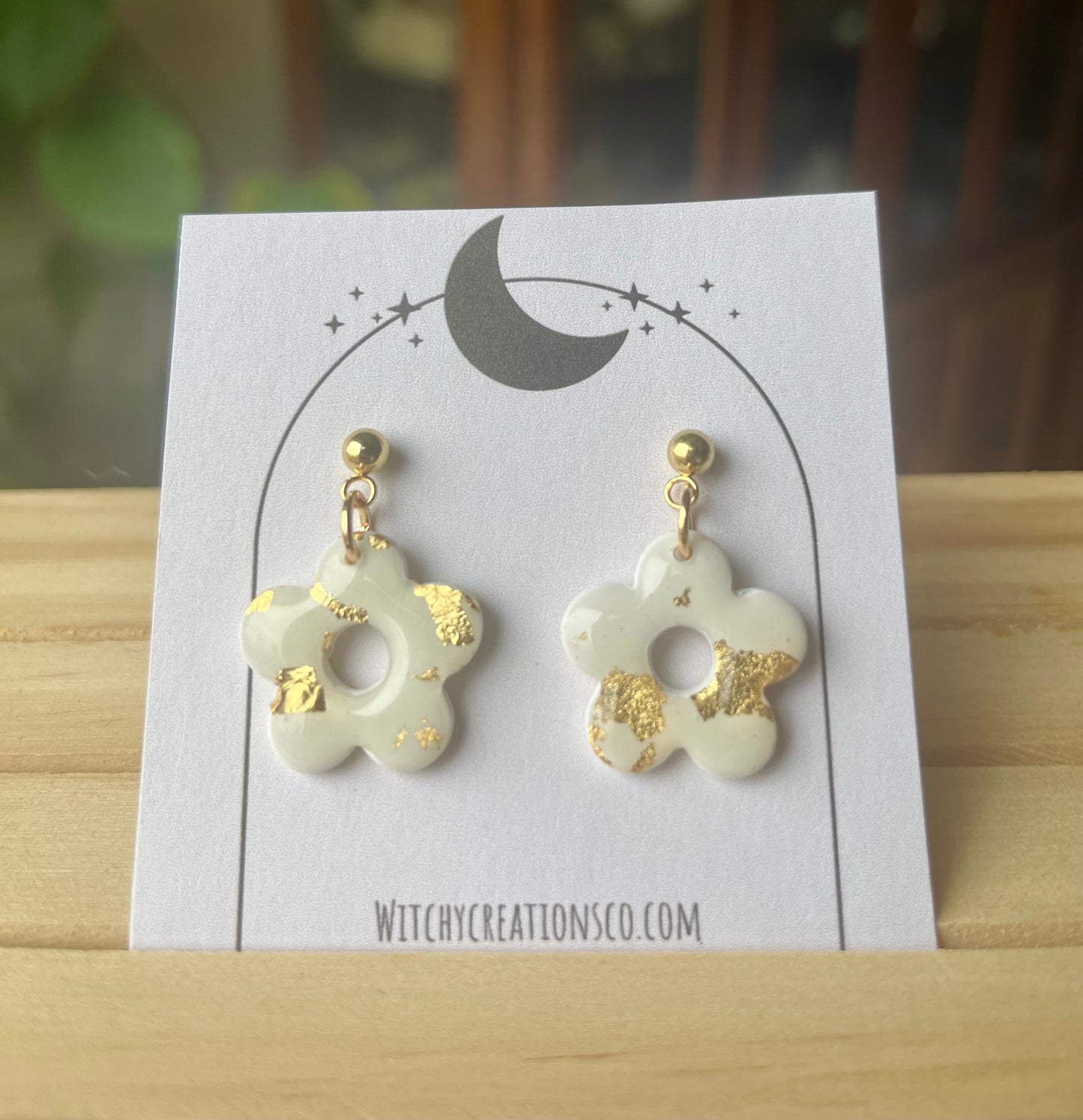 Gold Speckled Flower Stud Dangle Polymer Clay Earrings