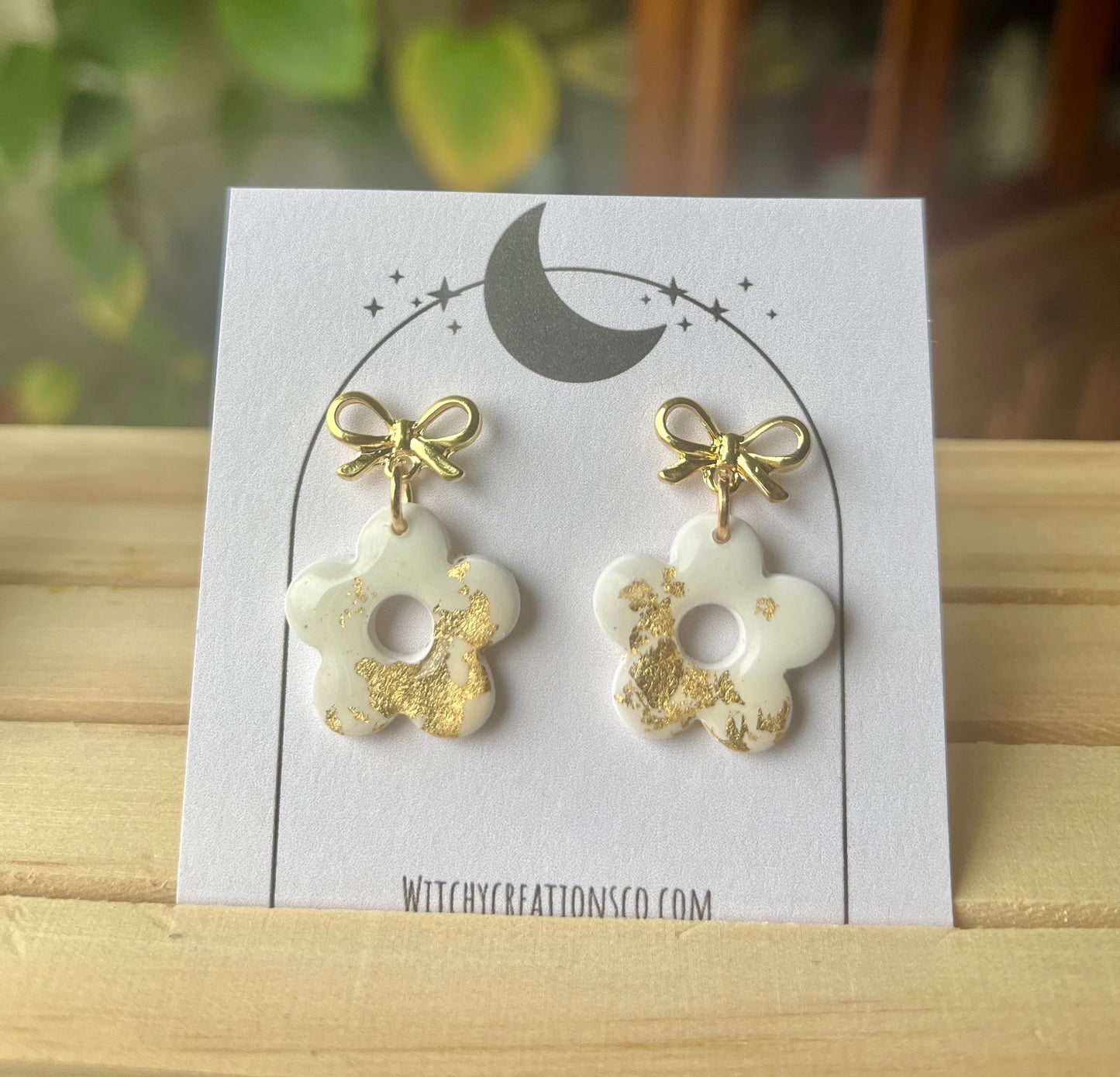 Gold Speckled Flower Stud Dangle Polymer Clay Earrings