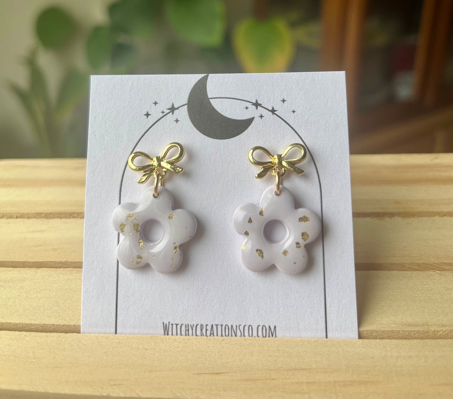 Gold Speckled Flower Stud Dangle Polymer Clay Earrings