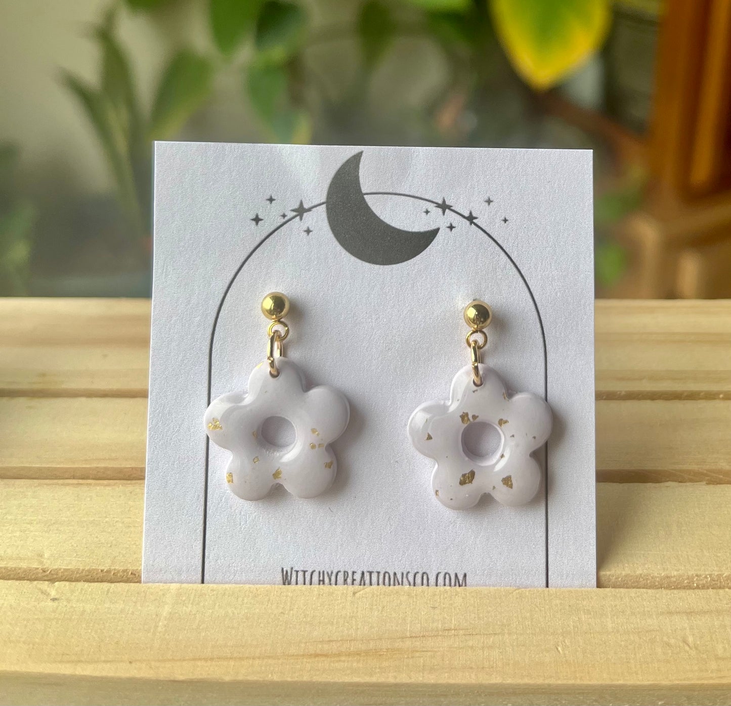 Gold Speckled Flower Stud Dangle Polymer Clay Earrings