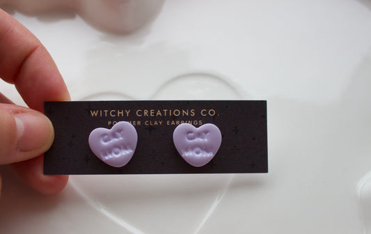 Cat Mom Sweetheart Polymer Clay Stud Earrings (Lavender)