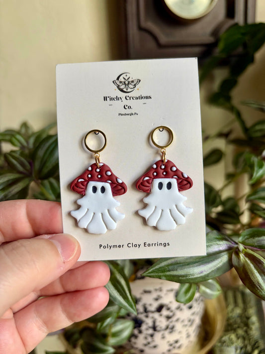 Mushroom Ghost Dangle Polymer Clay Earrings