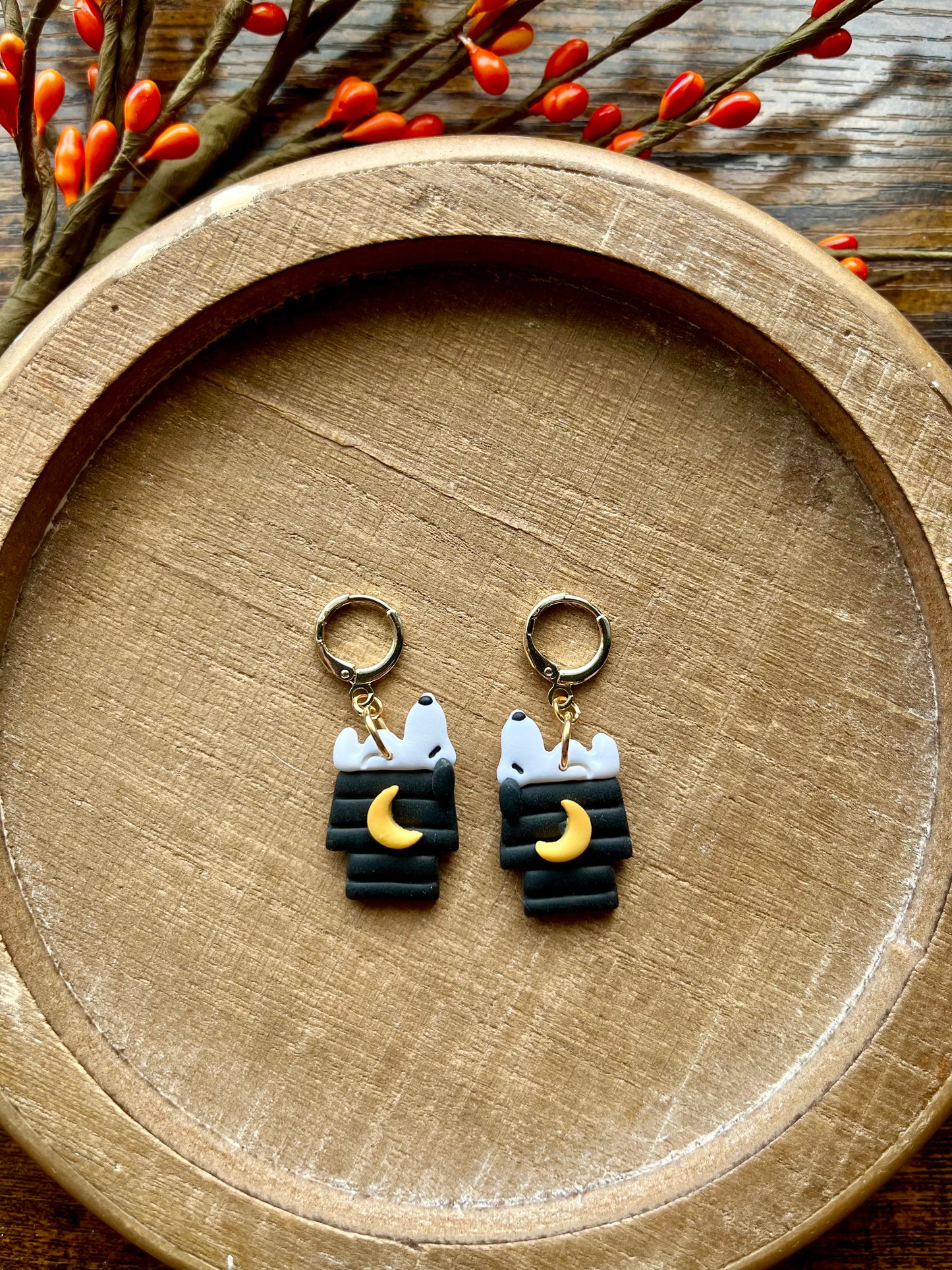 Dog on a House w/ Moon Polymer Clay Dangle Earrings