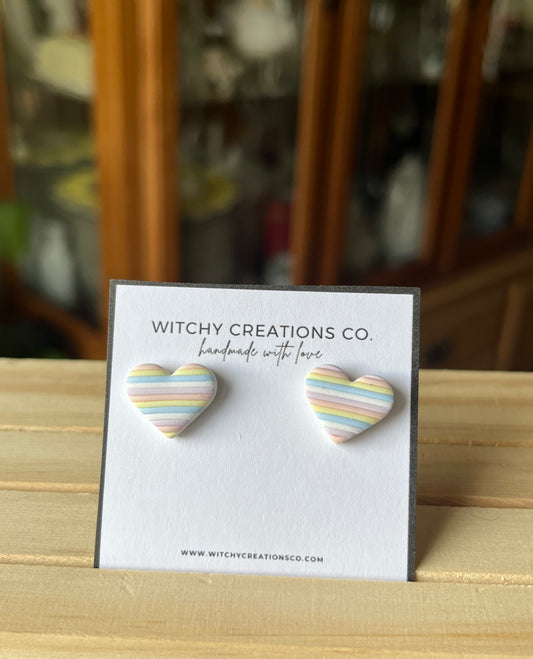 Pastel Striped Heart Polymer Clay Stud Earrings