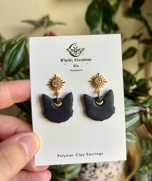 Black Cat Moon Dangle Polymer Clay Earrings