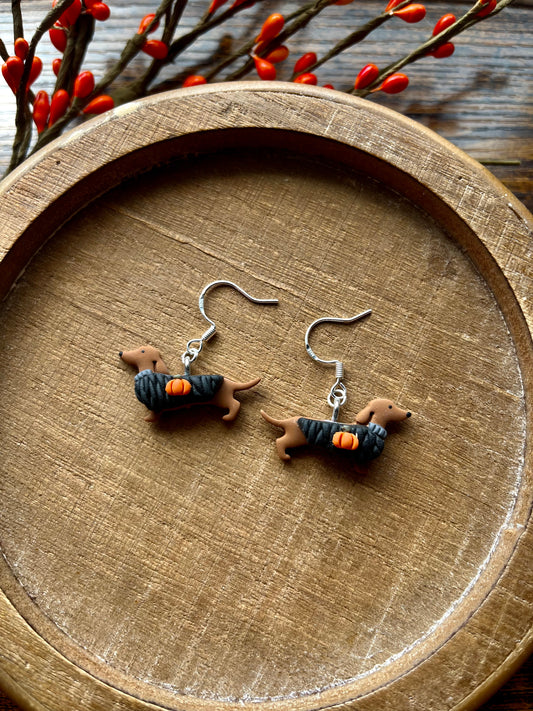 Halloween/Fall Weenie Dog Polymer Clay Dangle Earrings