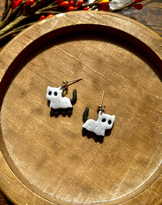 Ghost Kitties Polymer Clay Ball Post Dangle Earrings