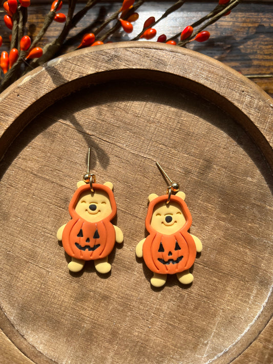 Bear Pumpkin Polymer Clay Ball Post Dangle Earrings