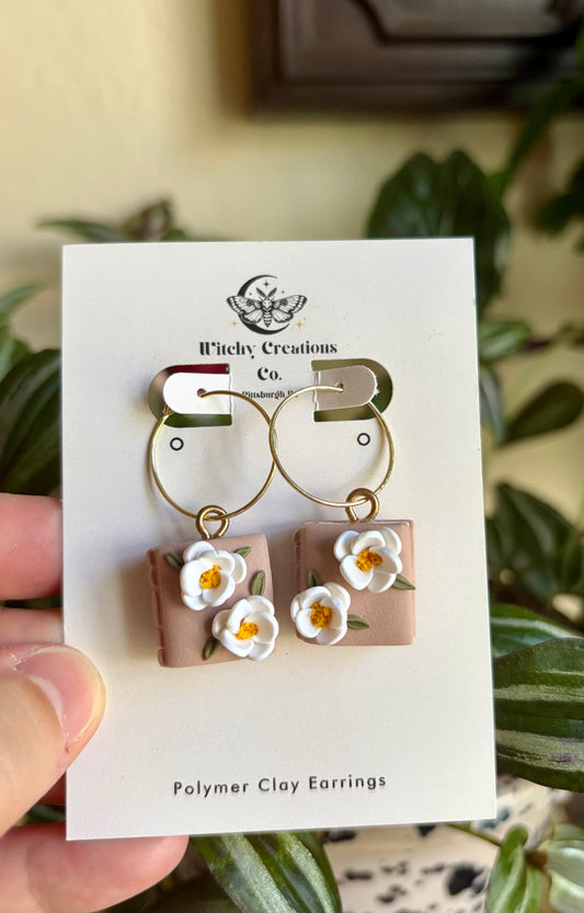 Floral Book Hoop Dangle Polymer Clay Earrings
