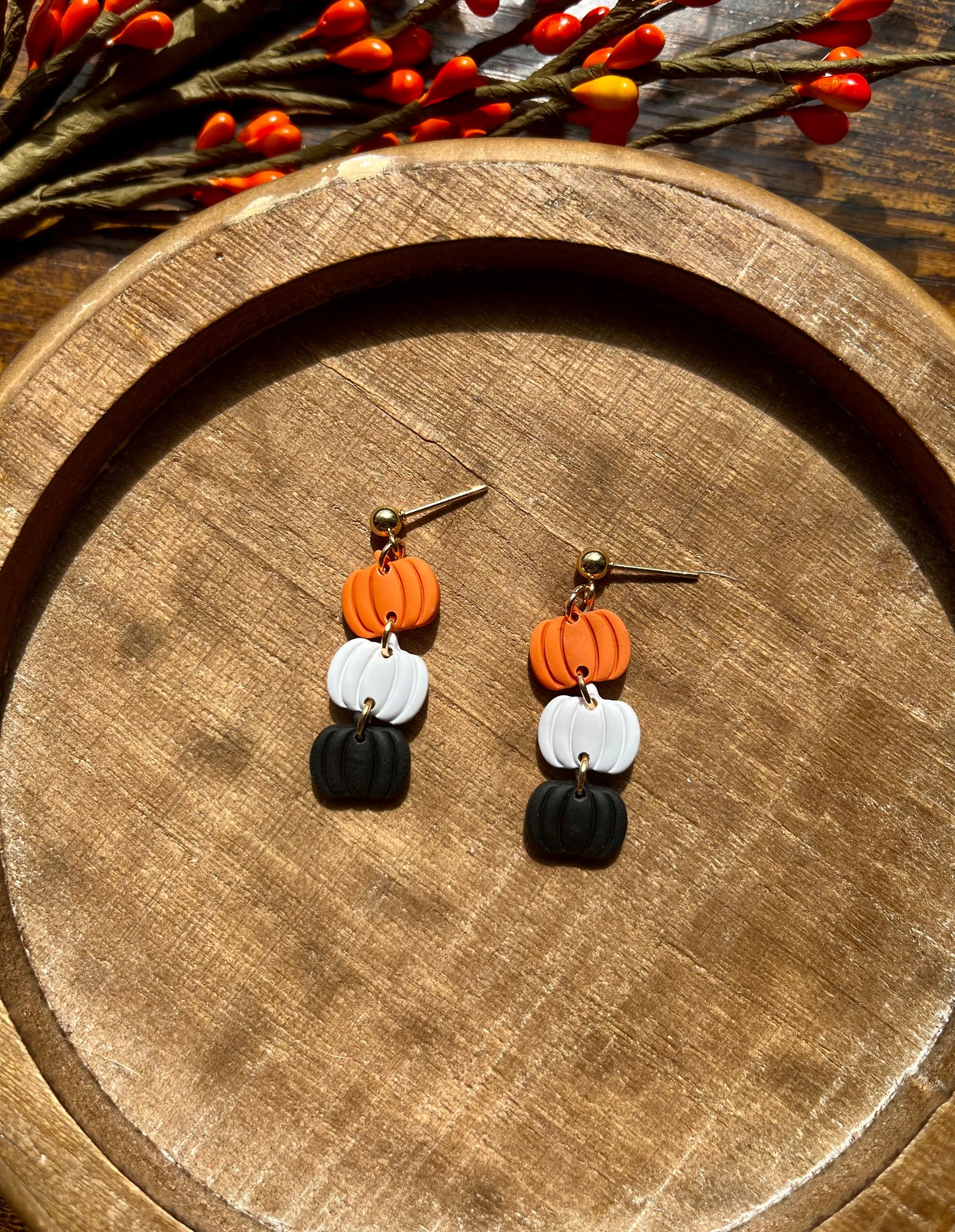 Triple Pumpkin Polymer Clay Dangle Ball Post Earrings