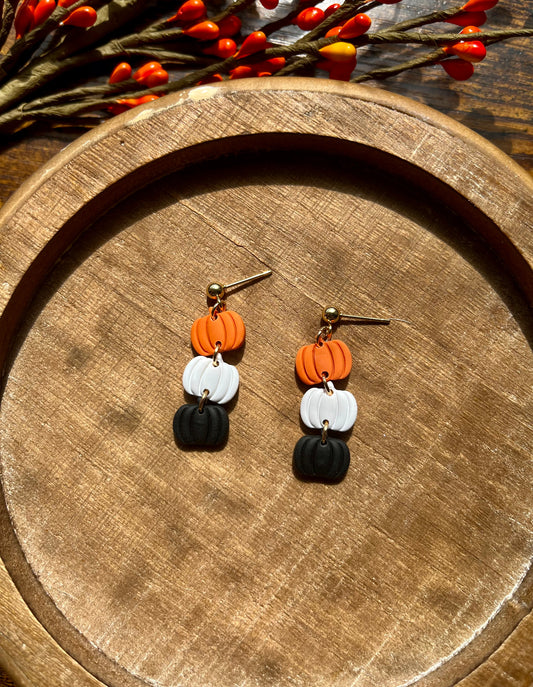 Triple Pumpkin Polymer Clay Dangle Ball Post Earrings