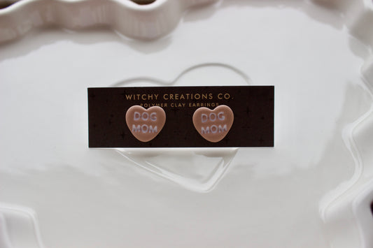 Dog Mom Sweetheart Polymer Clay Stud Earrings (Almond Rose)