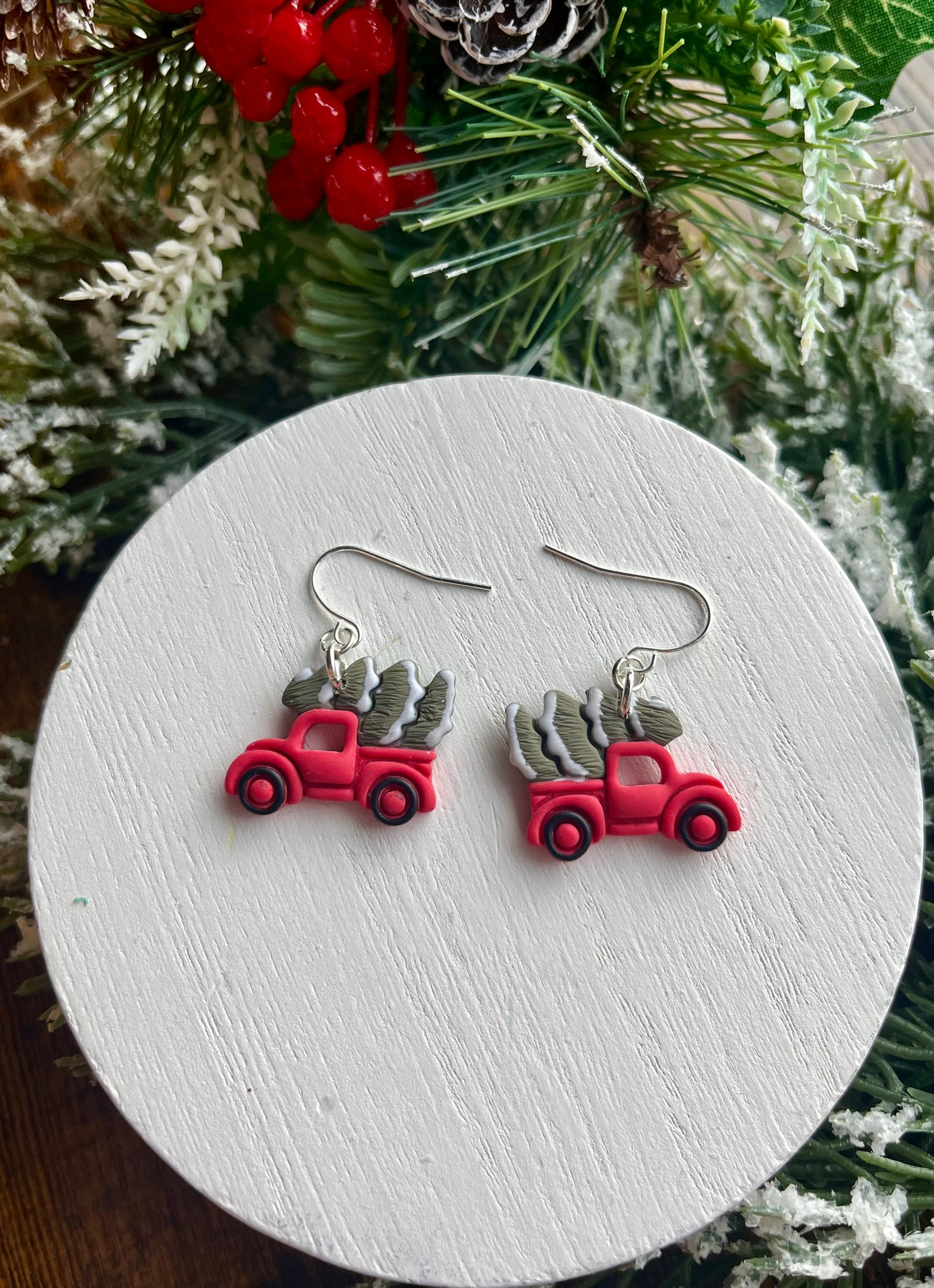 Red Truck w/ Tree Polymer Clay Earrings