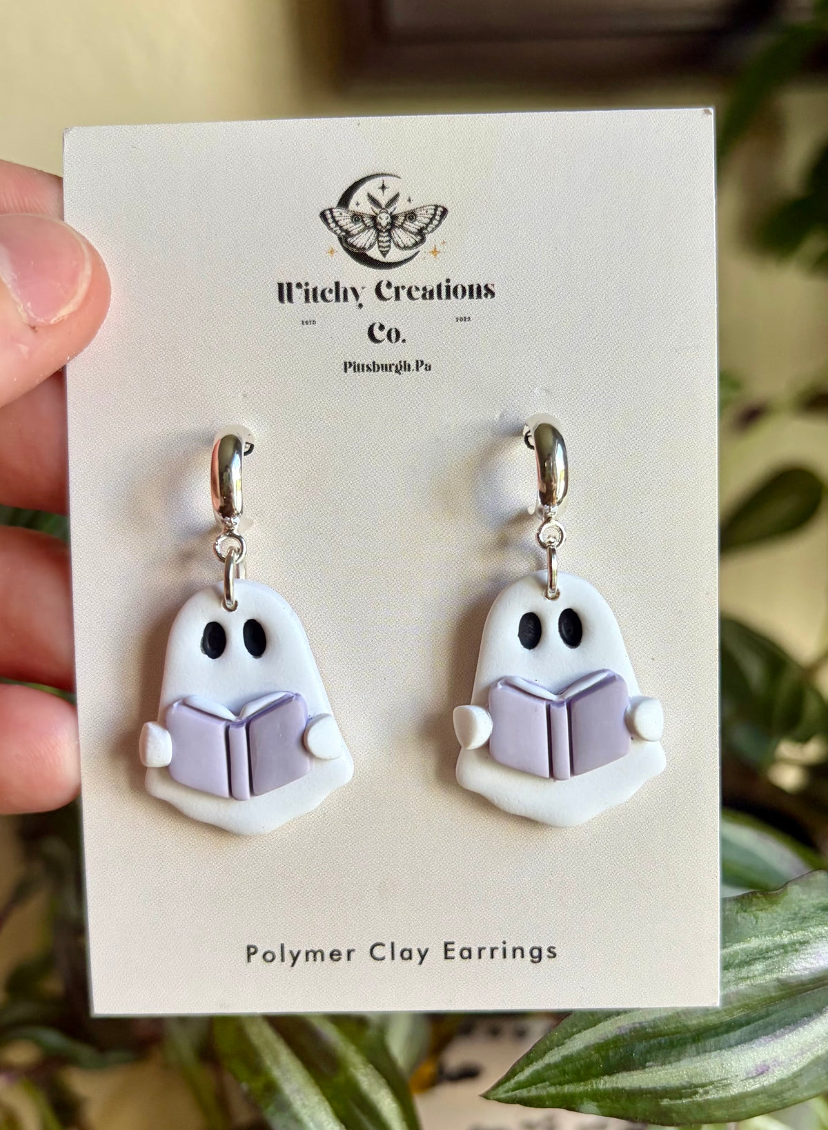 Ghost Reading A Book Dangle Polymer Clay Earrings