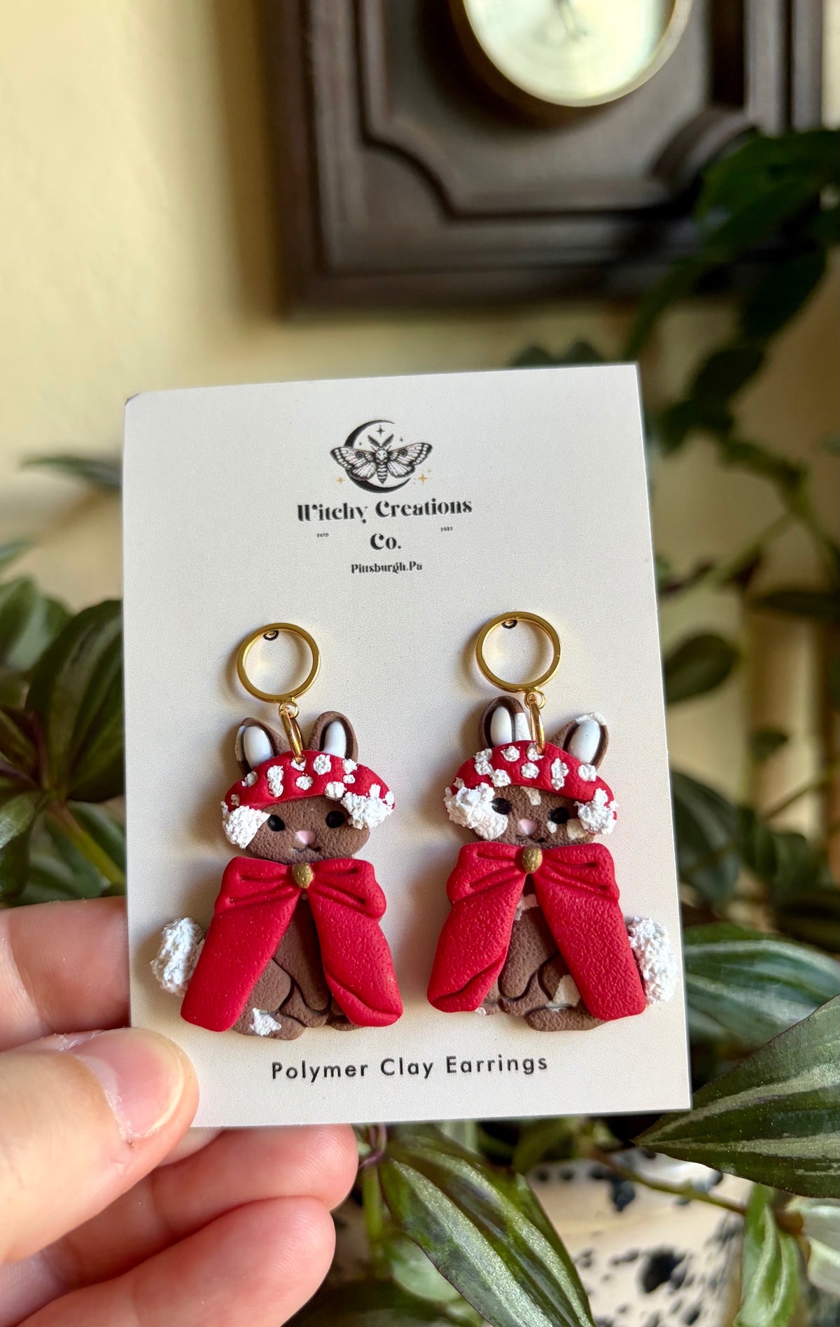 Magical Mushroom Bunny Dangle Polymer Clay Earrings