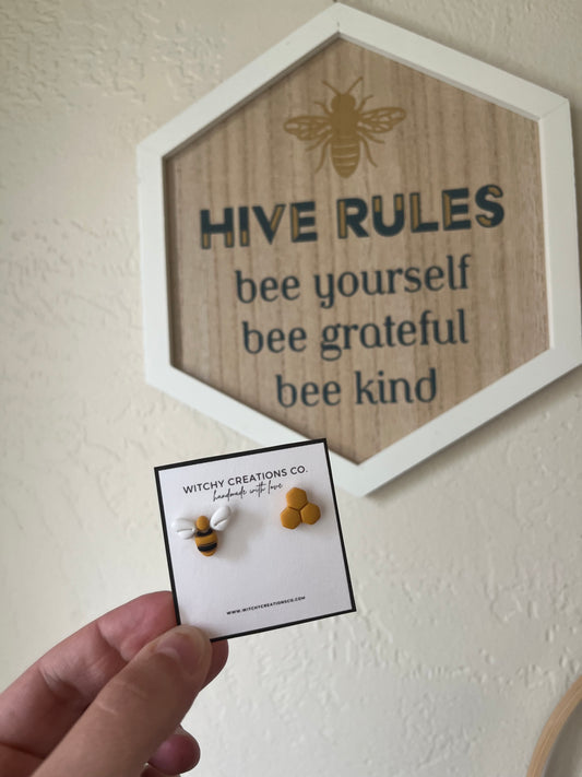 Bumblebee & Honey Comb Stud Polymer Clay Earrings