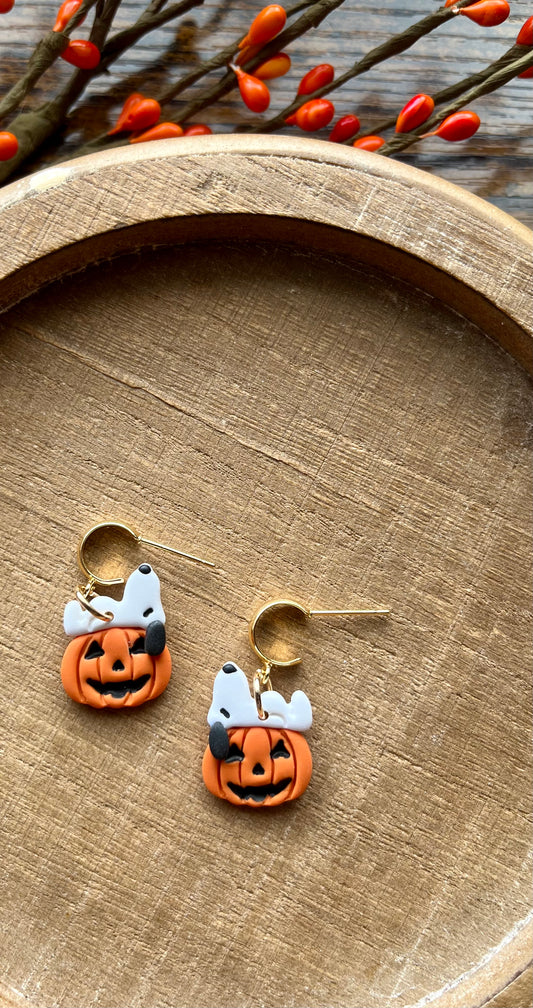 Dog on Jack-o-lantern Polymer Clay Dangle Earrings