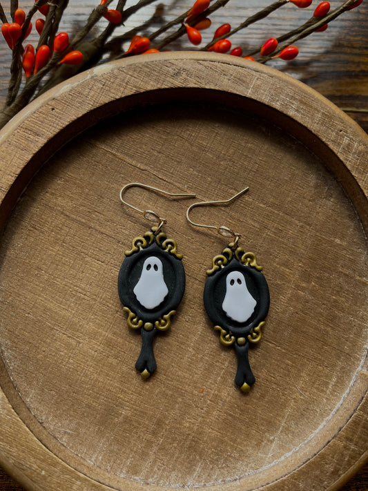 Vintage Hand Mirror Ghost Polymer Clay Earrings