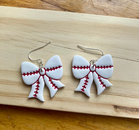 Baseball Bow Polymer Clay Dangle Earrings