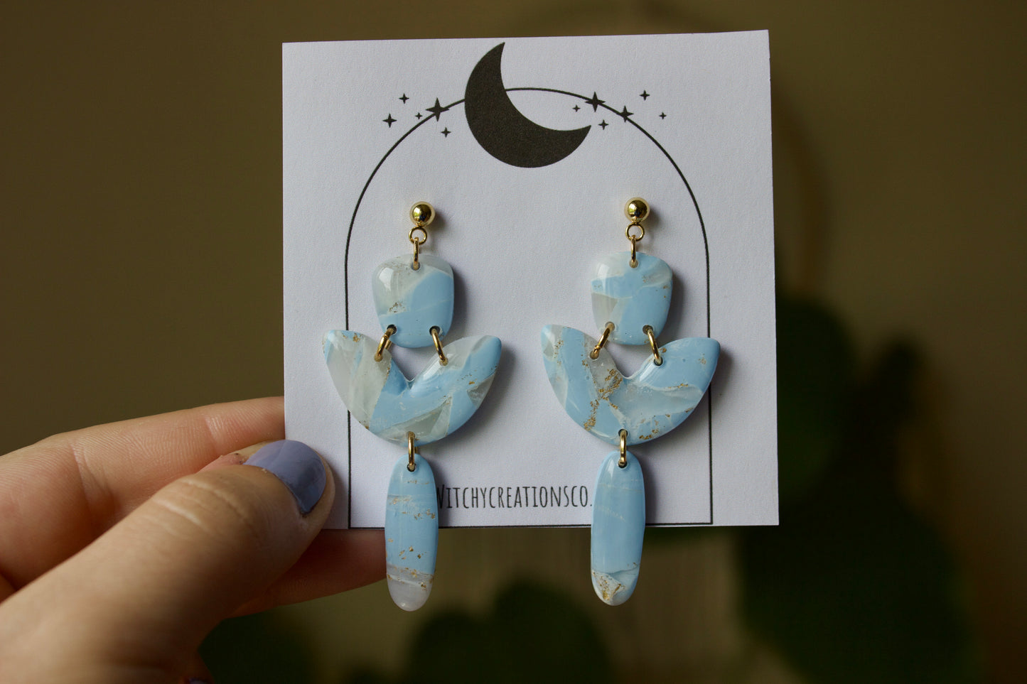 Blue Stone Ball Stud Post Polymer Clay Dangle Earrings