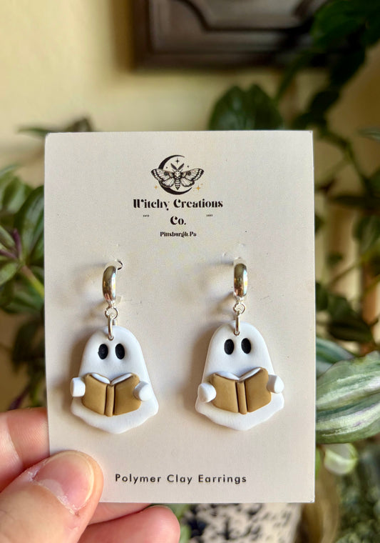 Ghost Reading A Book Dangle Polymer Clay Earrings