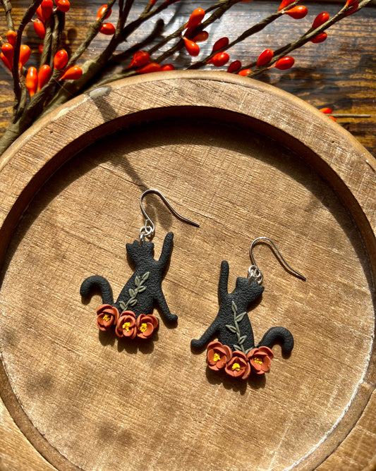 Floral Black Cat Polymer Clay Dangle Earrings