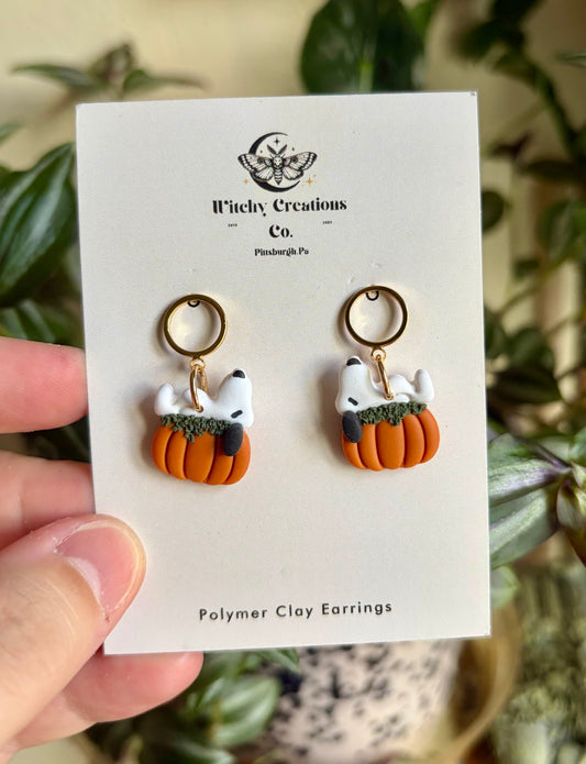Dog On Pumpkin (Halloween 2026) Dangle Polymer Clay Earrings