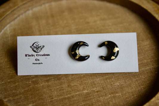Black half moon w/gold Polymer Clay Stud Earrings