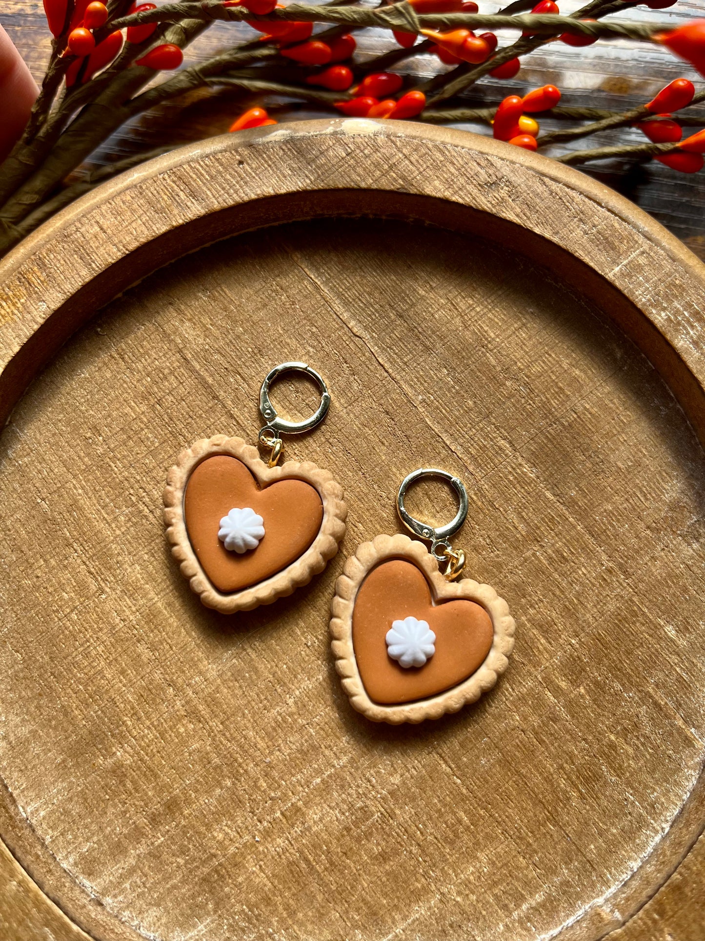 Heart Shaped Pumpkin Pie Polymer Clay Dangle Earrings