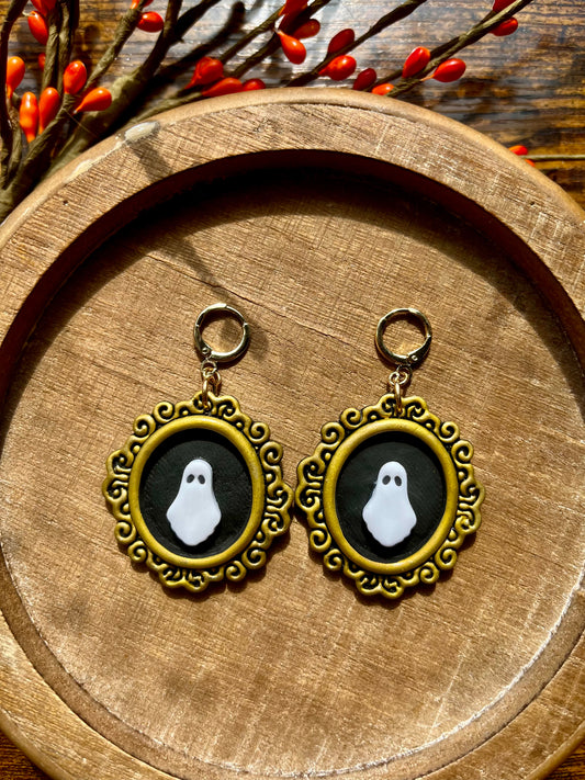 Vintage Gold Framed Ghost Polymer Clay Dangle Earrings