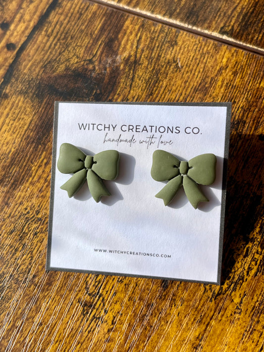 Army Green Bow Polymer Clay Stud Earrings