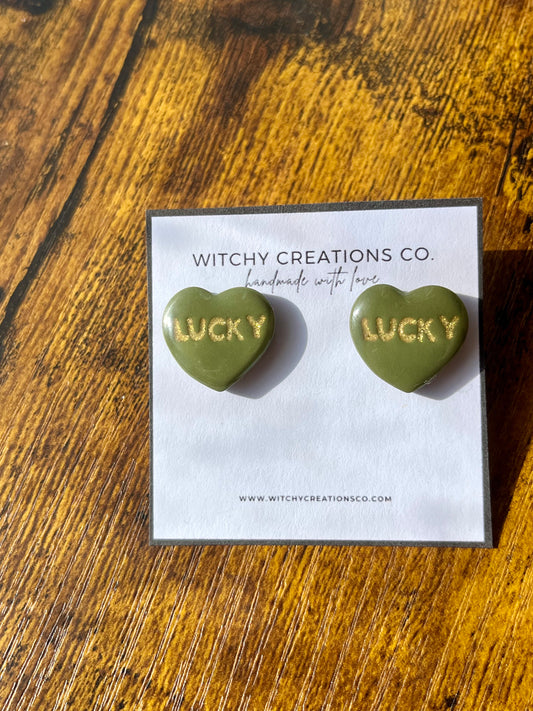 Lucky Heart Polymer Clay Stud Earrings