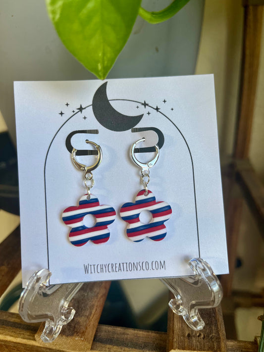 Red, White, & Blue Stripe Flower Polymer Clay Dangle Earring