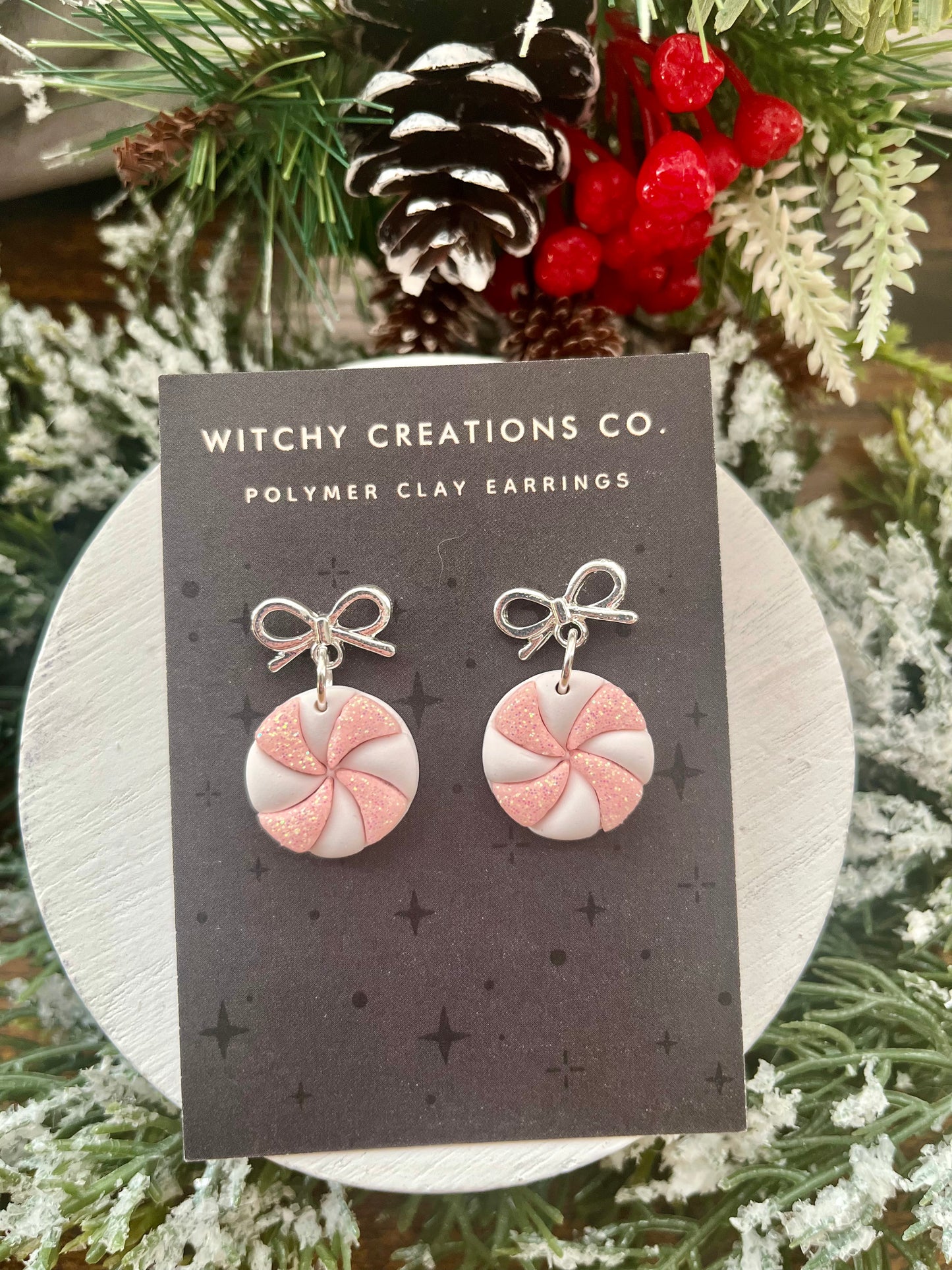 Pastel Pink Peppermint Bow (Sterling Silver) Polymer Clay Earrings