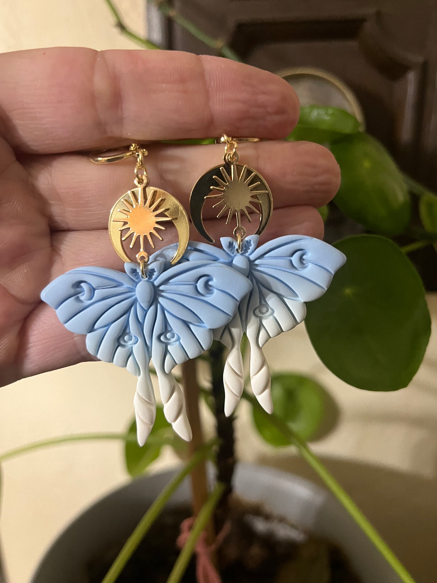 Baby blue & White Luna Moth Clay Earrings