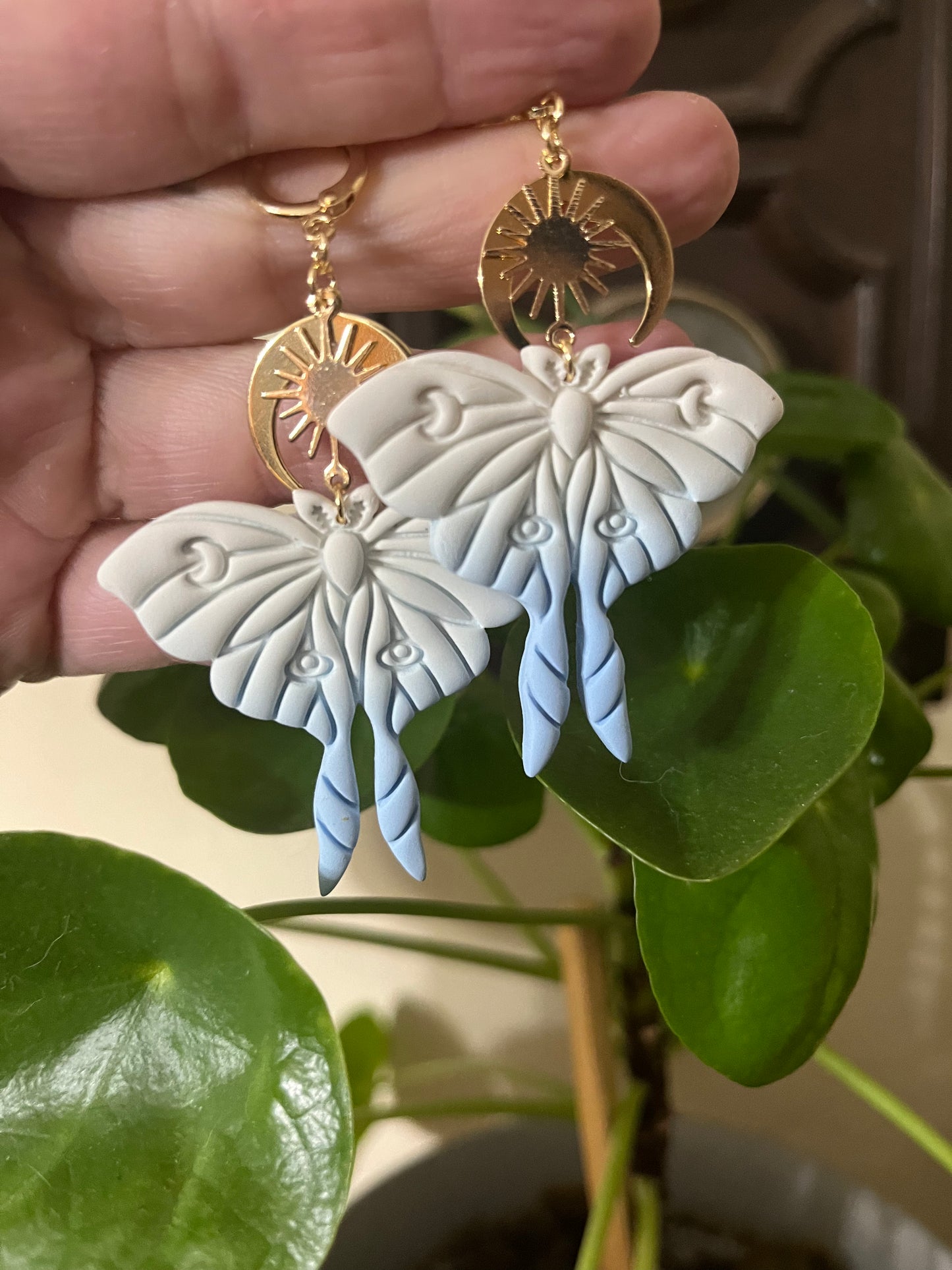 Baby blue & White Luna Moth Clay Earrings