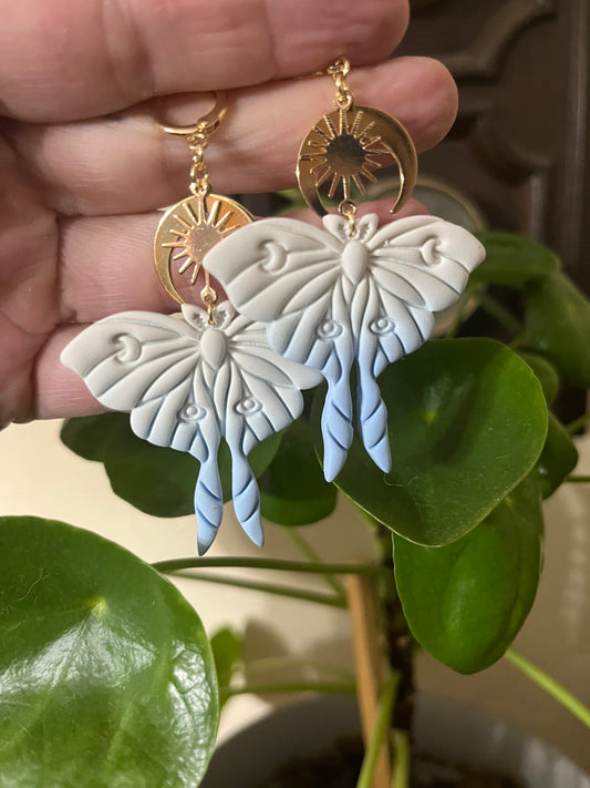Baby blue & White Luna Moth Clay Earrings