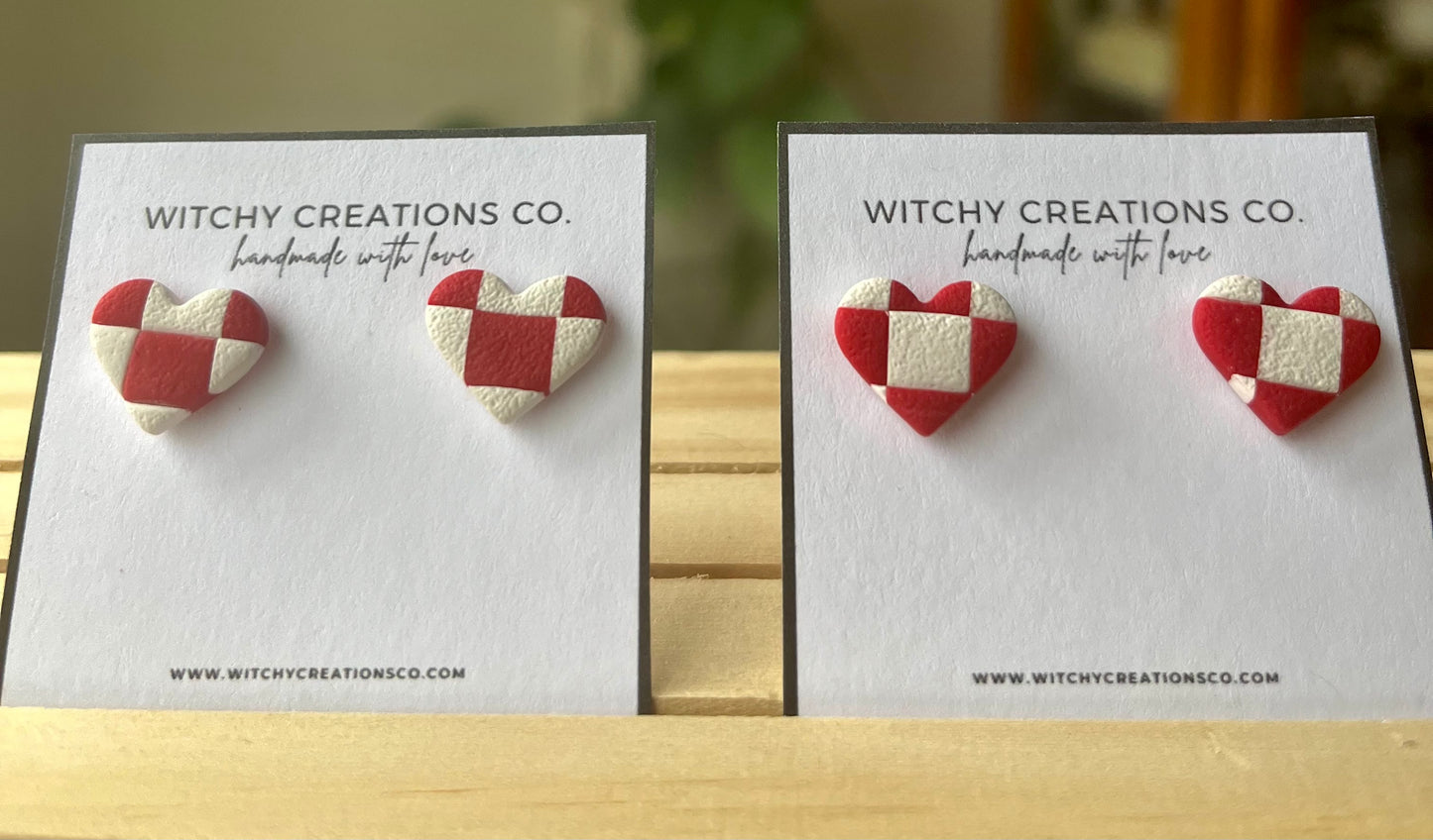 Red and White Checkered Heart Polymer Clay Stud Earrings