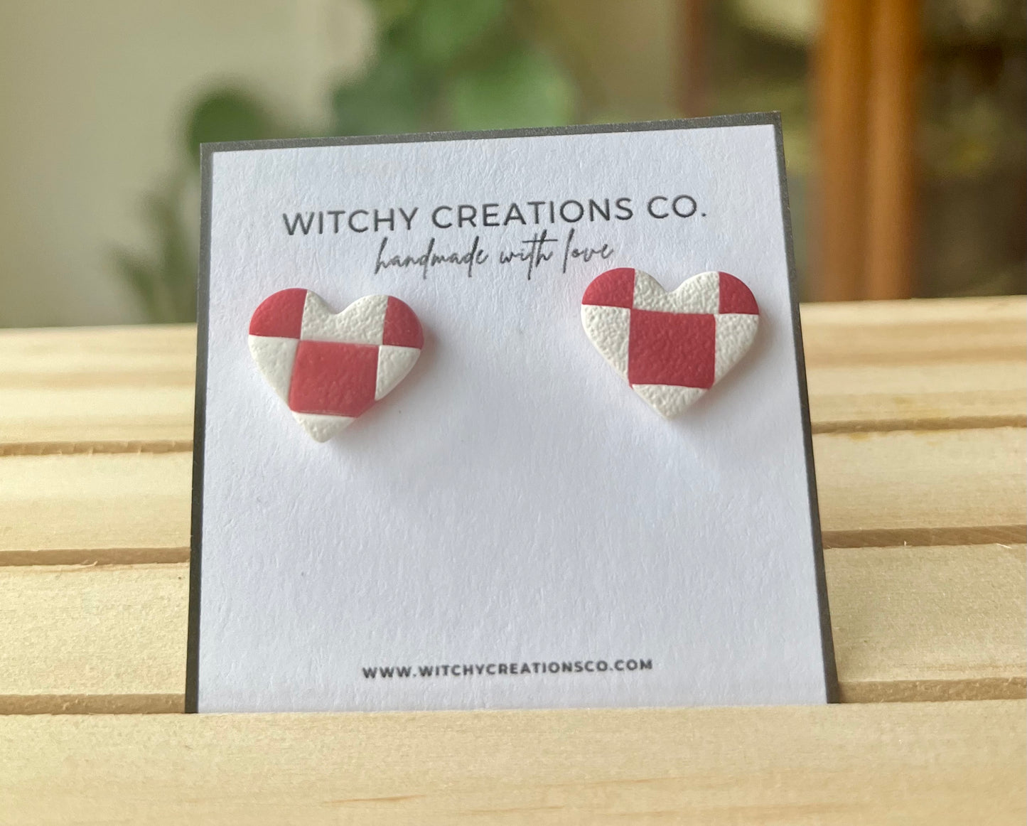 Red and White Checkered Heart Polymer Clay Stud Earrings