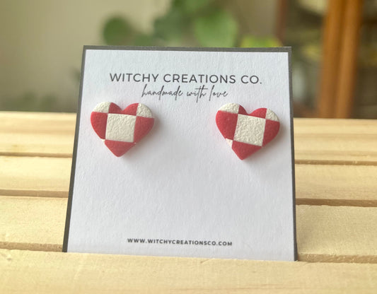 Red and White Checkered Heart Polymer Clay Stud Earrings