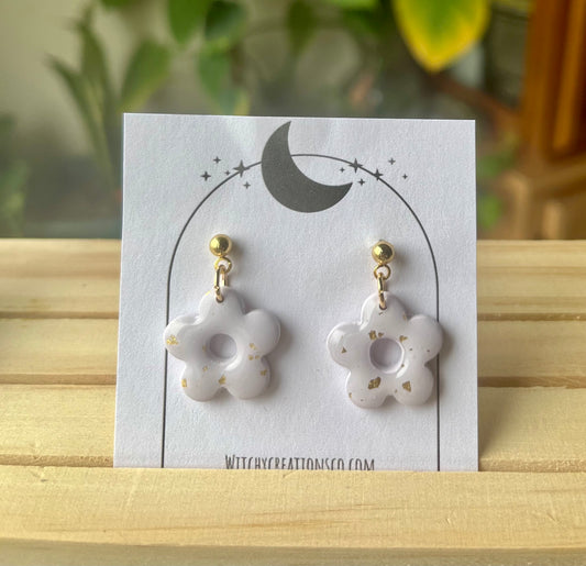 Gold Speckled Flower Stud Dangle Polymer Clay Earrings