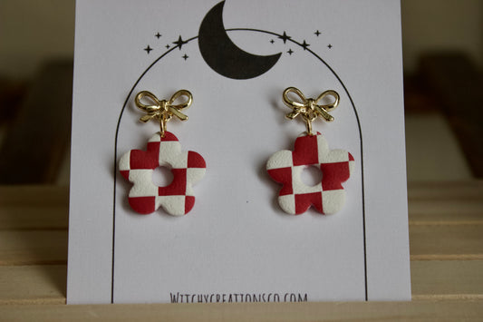 Checkered Daisy Polymer Clay Earrings